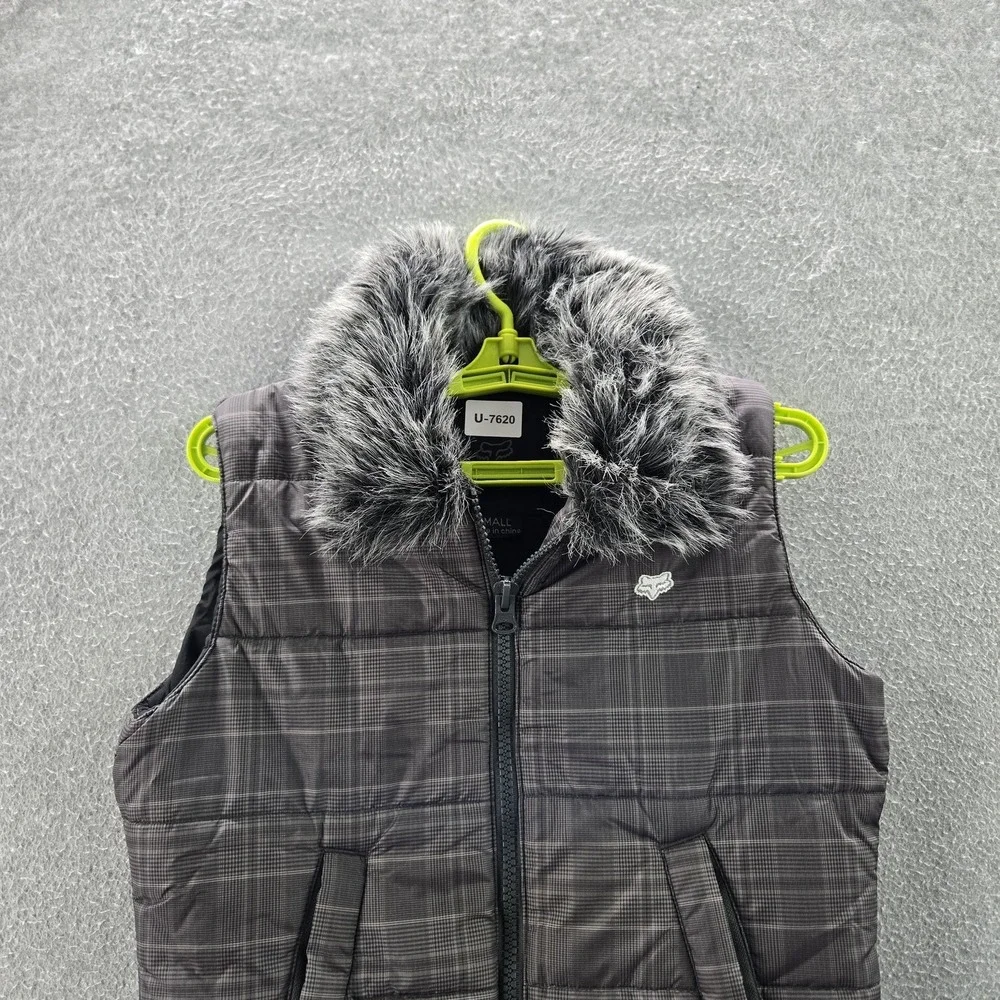 FOX Women Vest SMALL Gray Plaid Head Puffer Fur‎ Trim Embroidered Logo - Picture 5 of 10